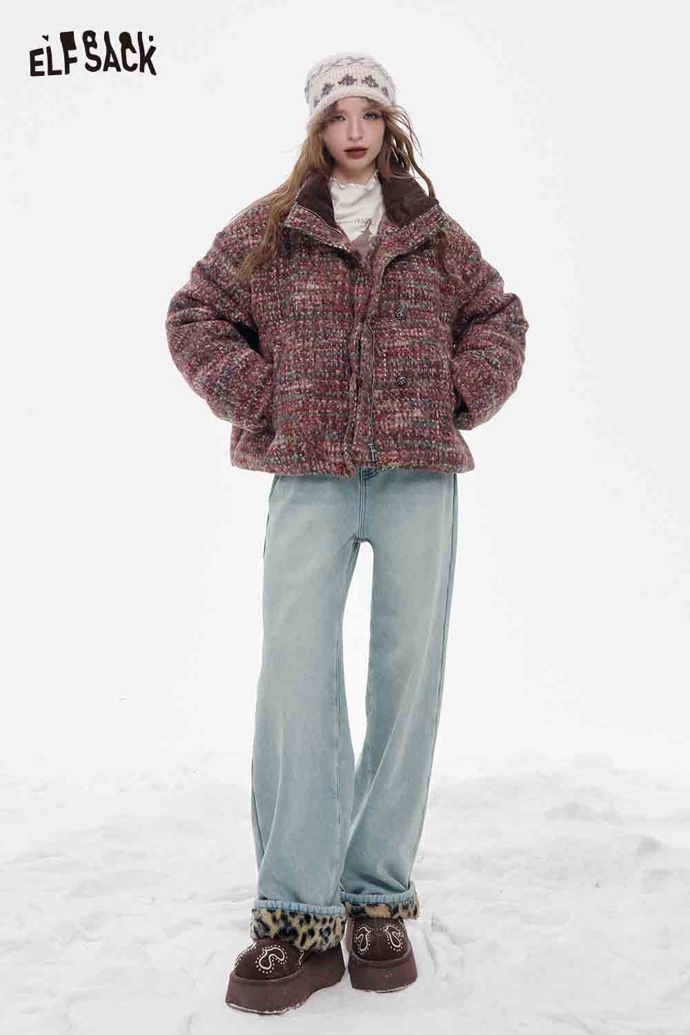 ELFSACK plush leopard lining floor length pants paired with a cozy sweater and stylish winter boots