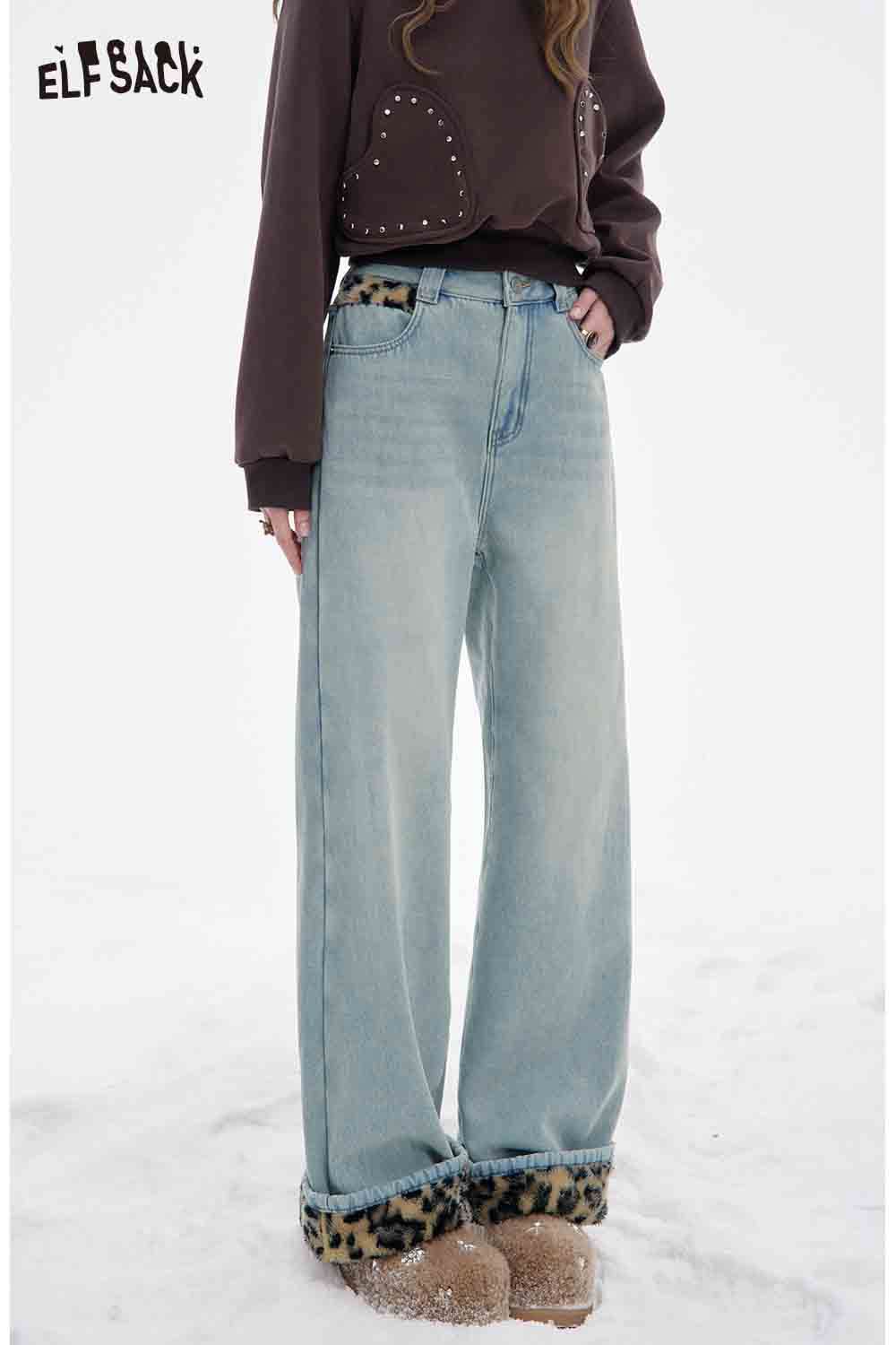 ELFSACK plush leopard lining floor length pants in light blue, offering a stylish and unique look for casual wear