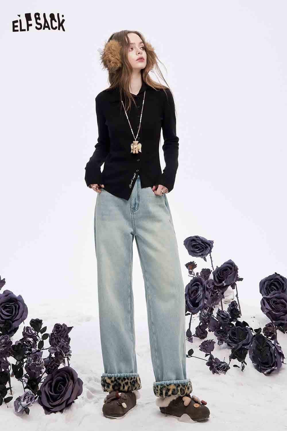 ELFSACK plush leopard lining floor length pants in light blue with a casual black top