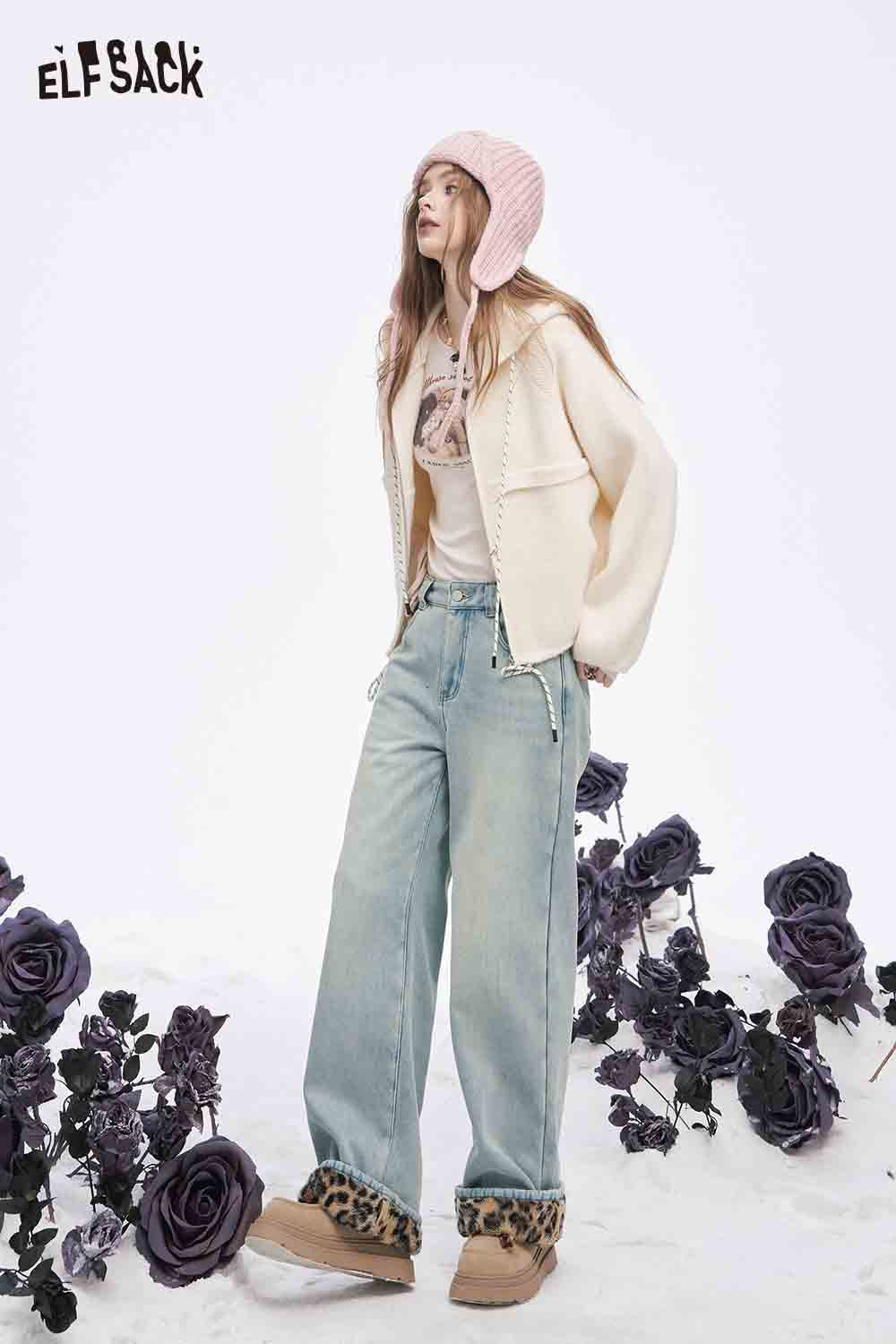 ELFSACK plush leopard lining floor length pants styled with a cozy sweater and winter hat