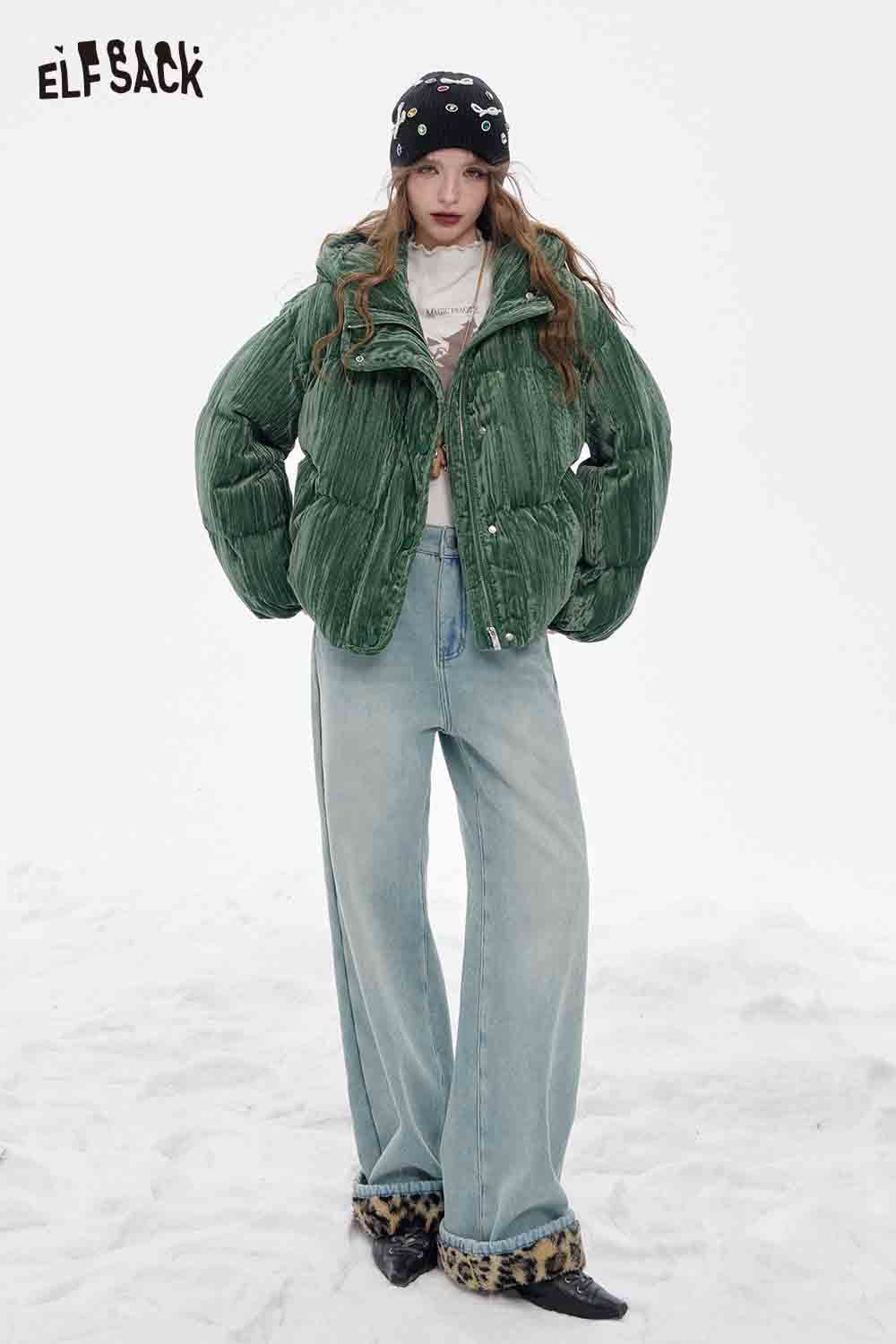 ELFSACK floor length jeans with plush leopard lining for stylish comfort in any season