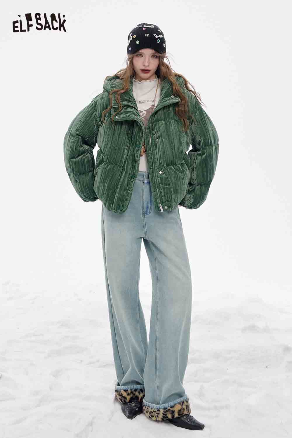 ELFSACK floor length jeans with plush leopard lining for stylish comfort in any season