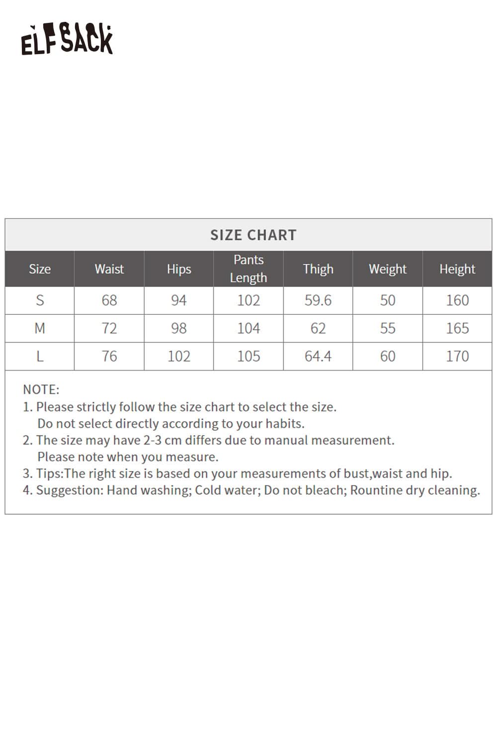 ELFSACK plush leopard lining floor length pants size chart for accurate fitting guidance