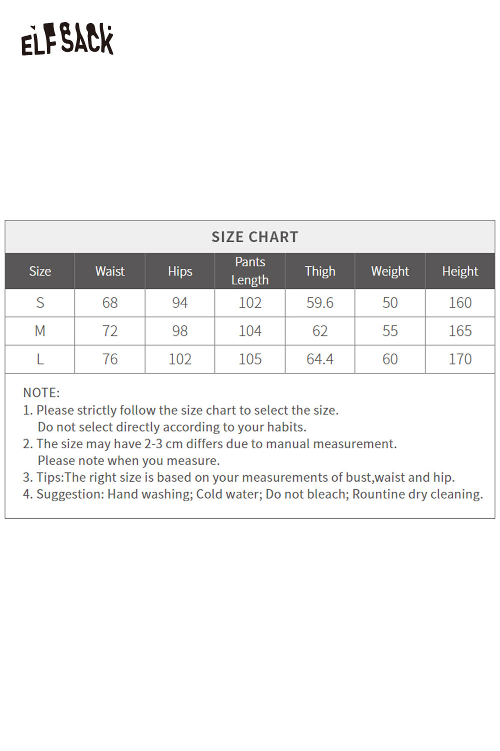 ELFSACK plush leopard lining floor length pants size chart for accurate fitting guidance