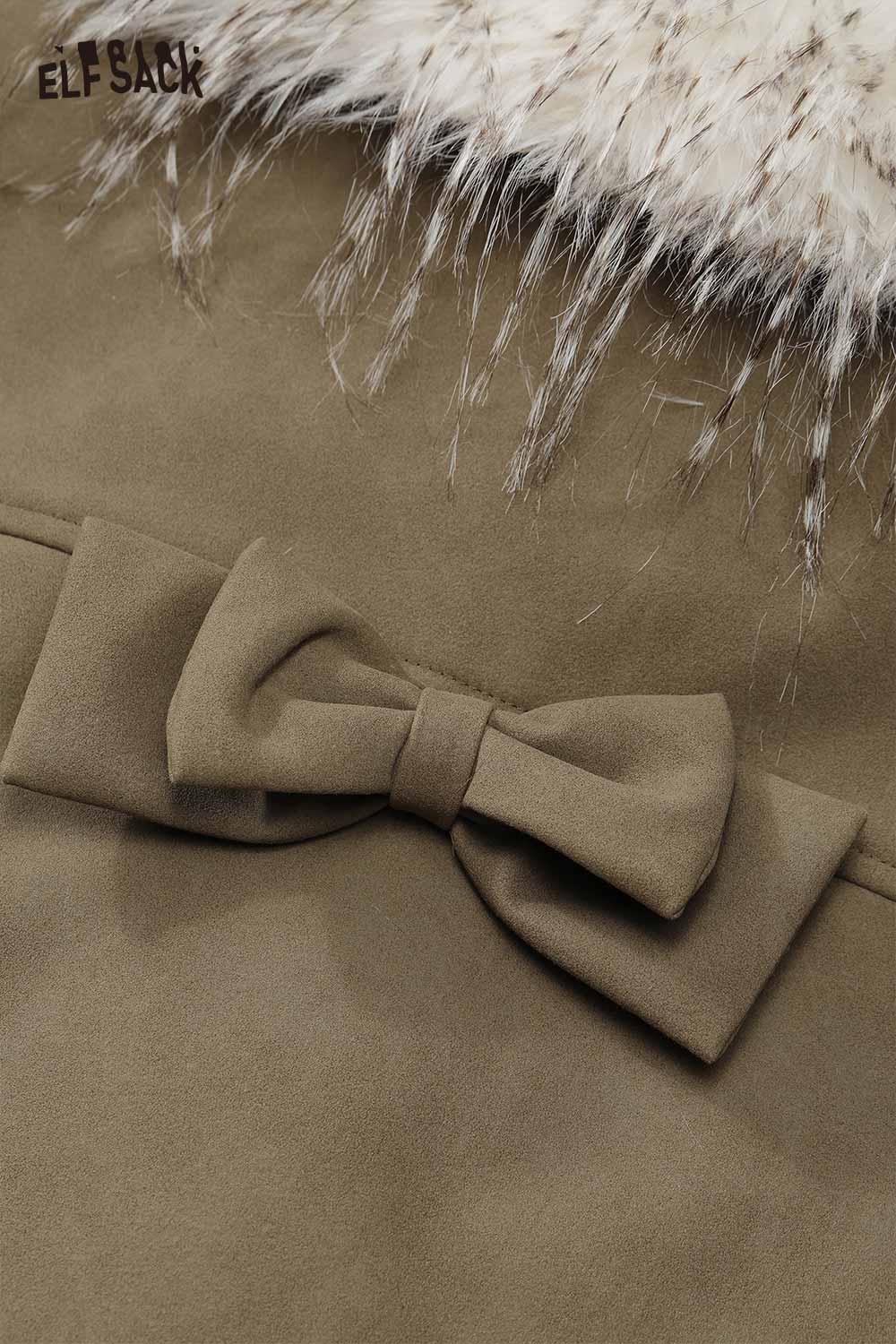 ELFSACK plush lining toggle button coat with a stylish bow detail and soft texture for warmth