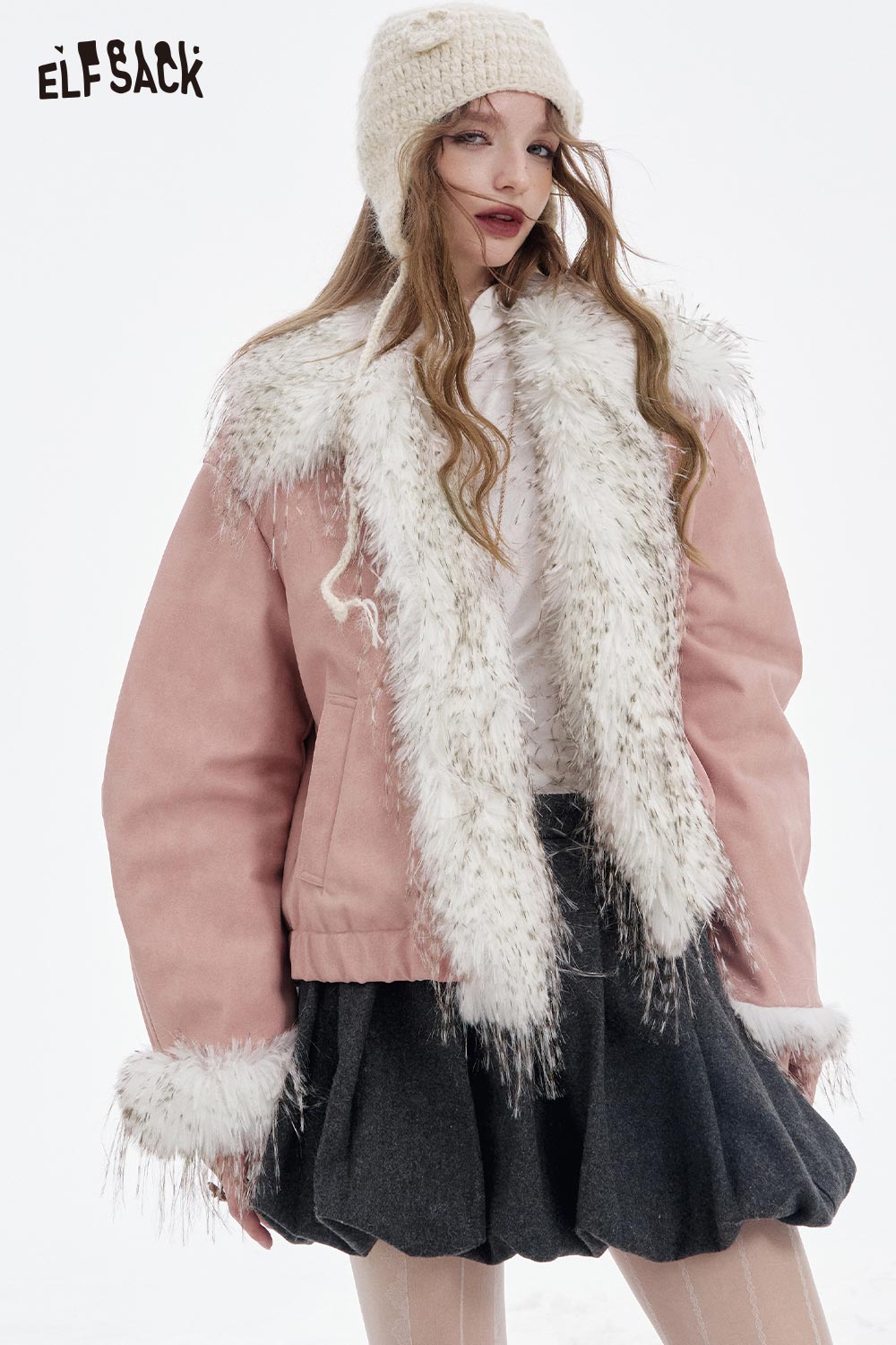 ELFSACK plush lining toggle button coat in pink with fluffy collar and cuffs for stylish warmth