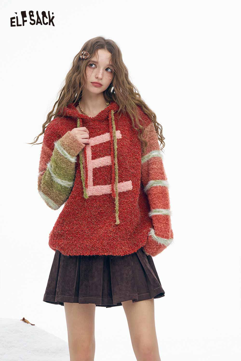 ELFSACK plush ombre hooded sweater for women with stylish color-blocked design and oversized fit