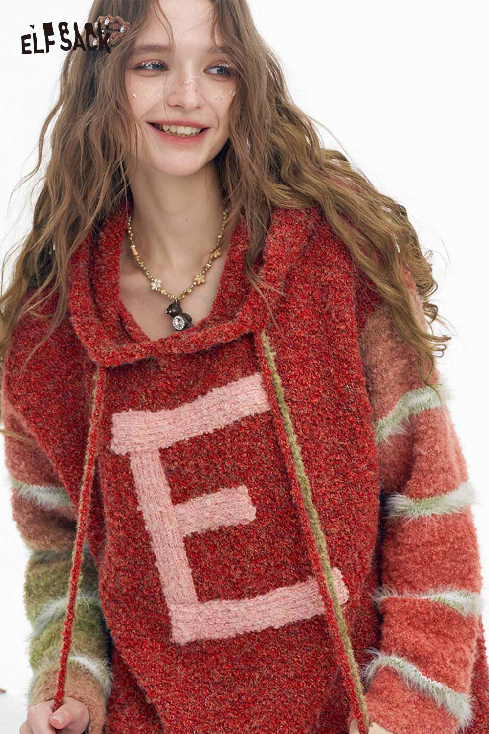 ELFSACK plush ombre hooded sweater for women in vibrant colors with oversized fit and unique design