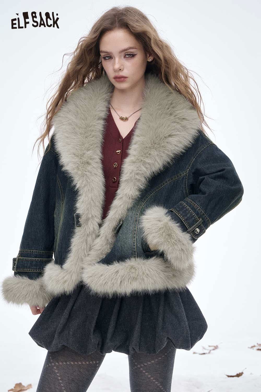 ELFSACK plush trim denim jacket for women featuring a soft fur collar and a stylish oversized fit.