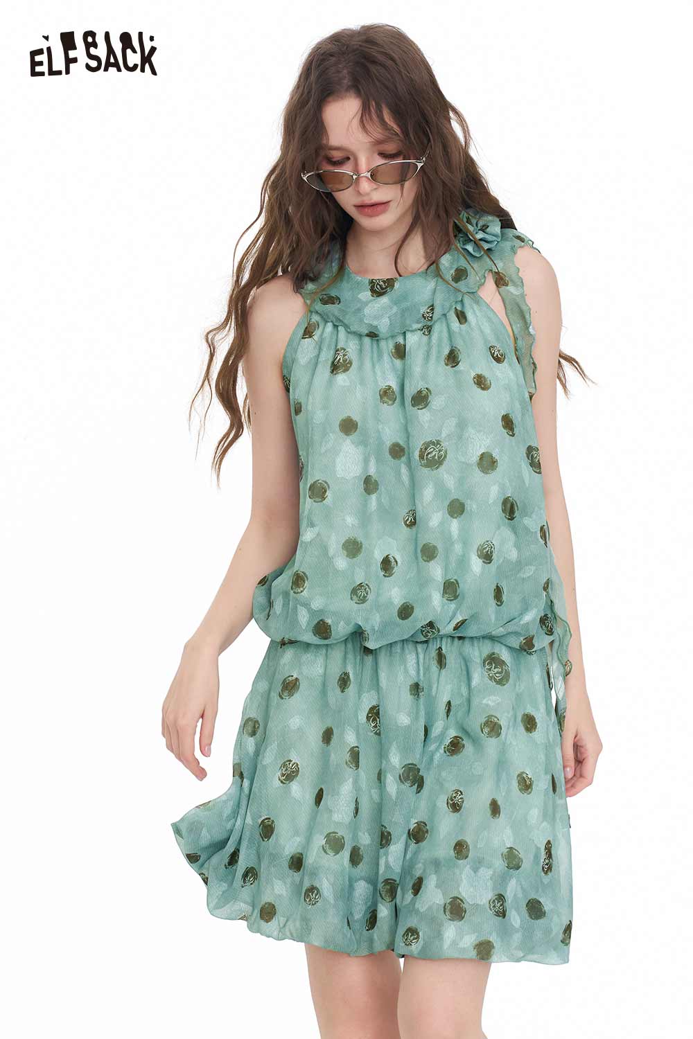 green polka dot halter dress Polka Dot Halter Dress with Rose Ribbon mintgreen / M
