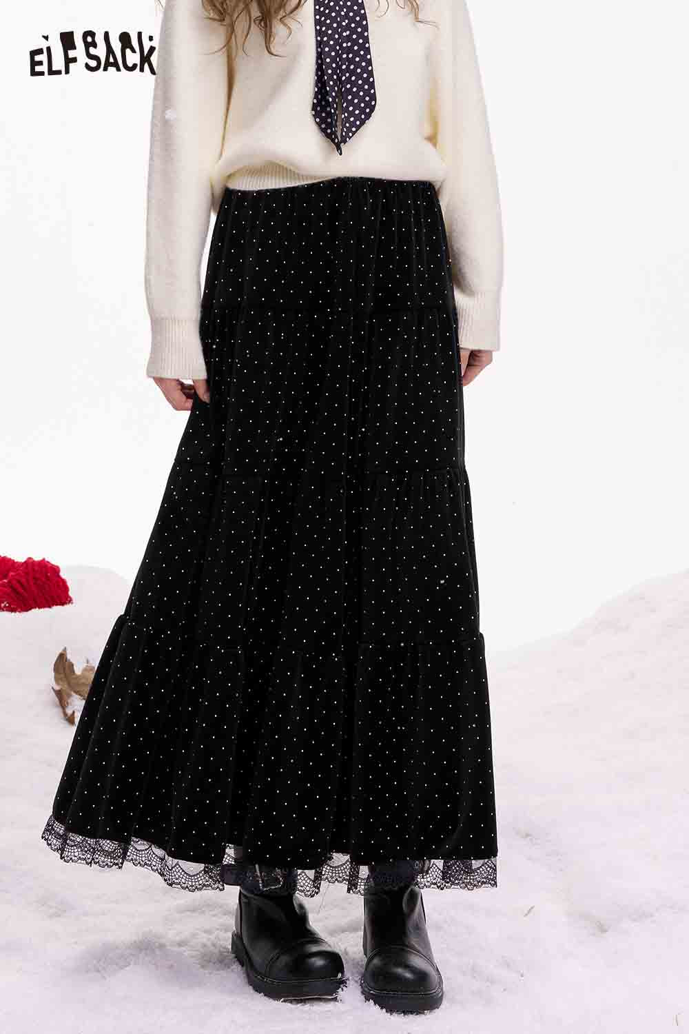 ELFSACK polka dot lace ruffle skirt in black with a flowy design for a chic look