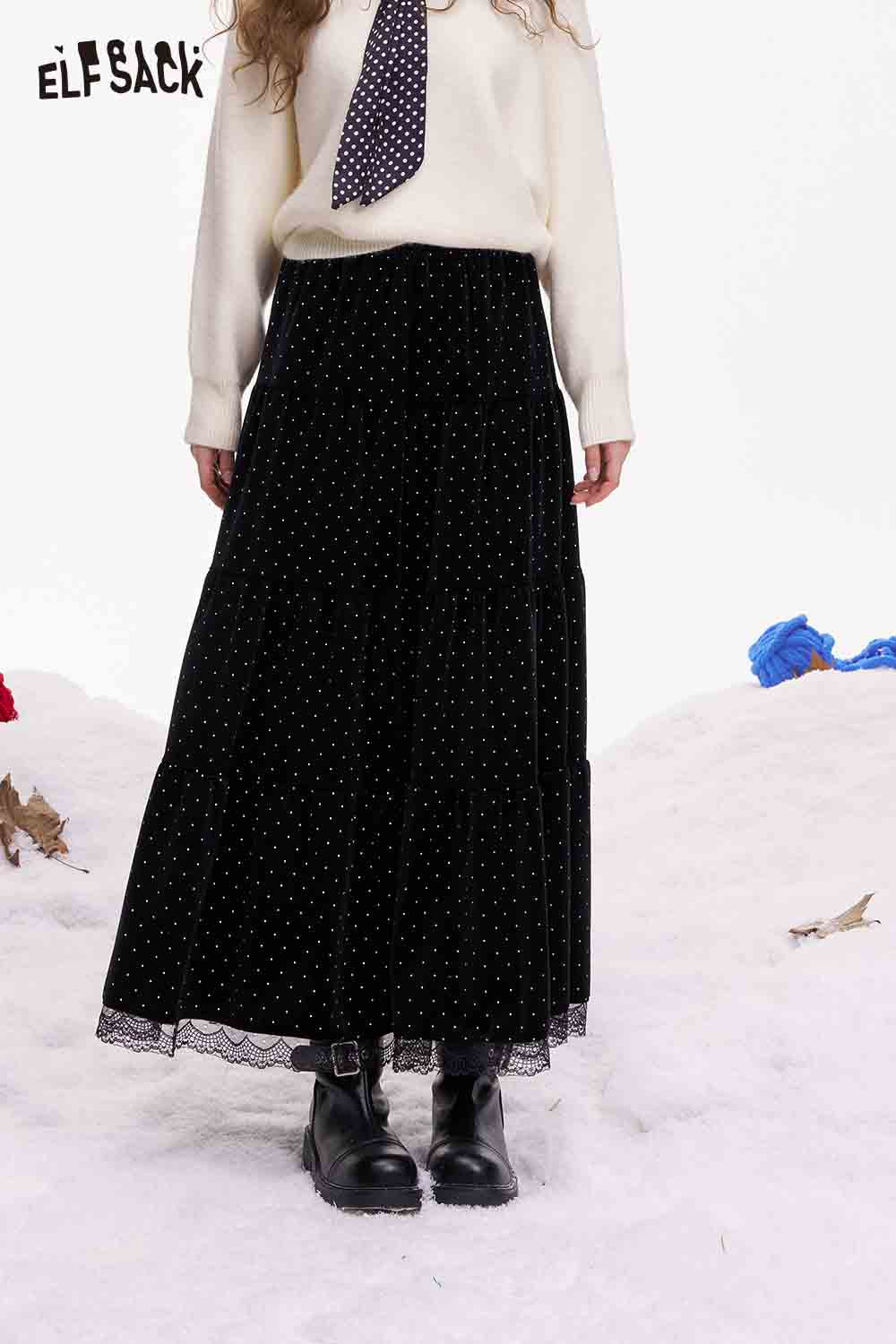 Black ELFSACK polka dot lace ruffle skirt with tiered design and chic styling