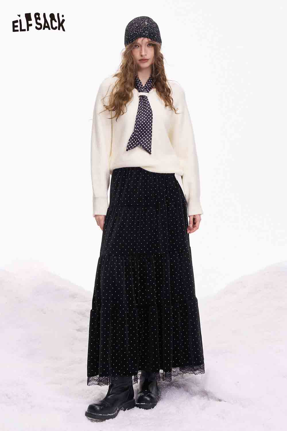 ELFSACK Polka Dot Lace Ruffle Skirt Styled with a Sweater and Hat for a Chic Winter Look