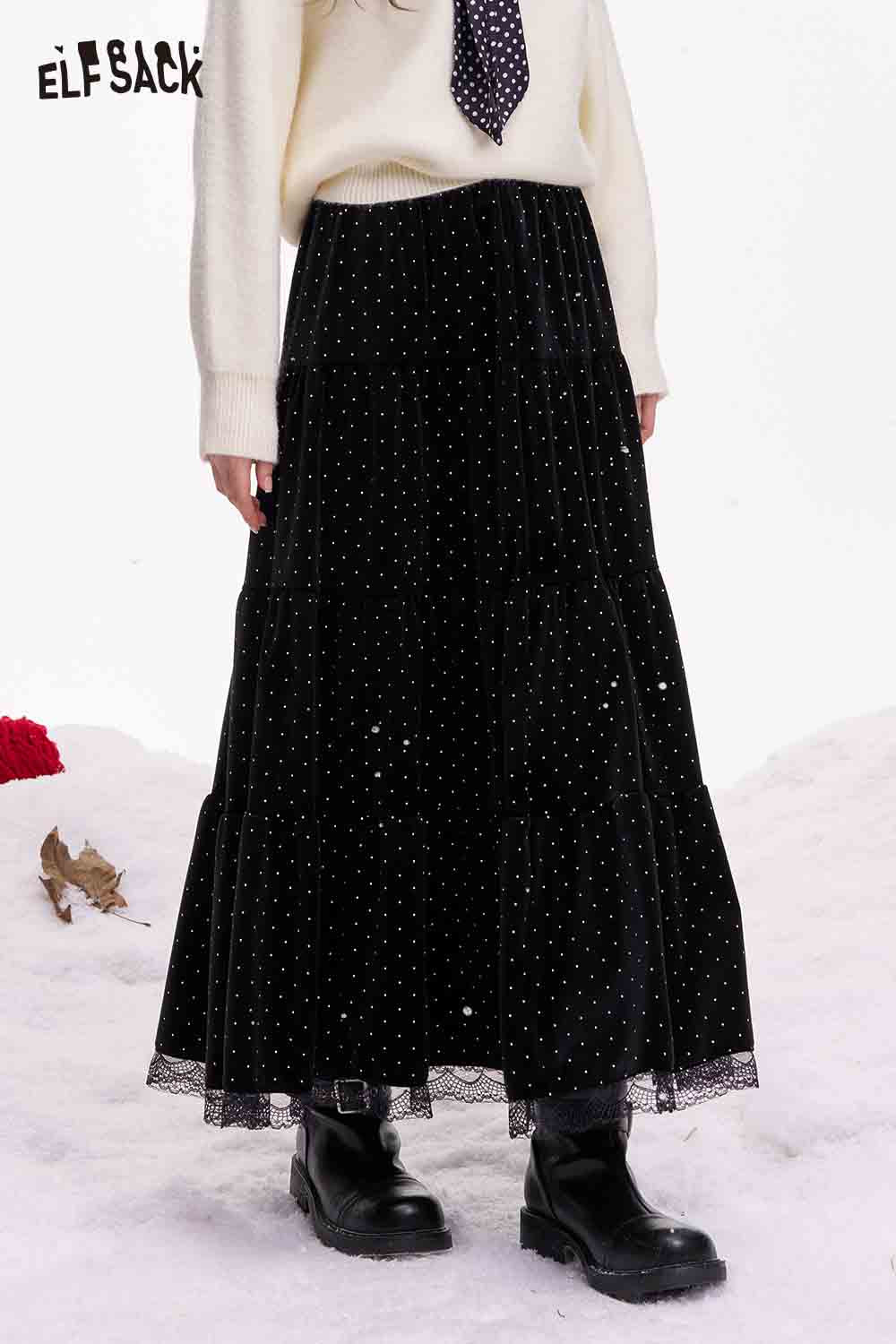 ELFSACK polka dot lace ruffle skirt in black with tiered design for a stylish look