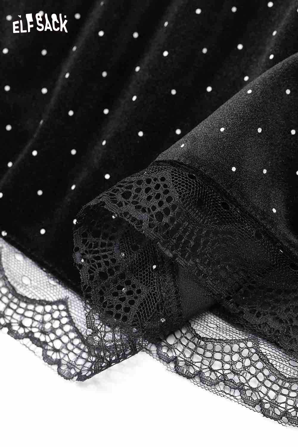 ELFSACK polka dot lace ruffle skirt featuring black velvet with lace trim and elegant ruffles