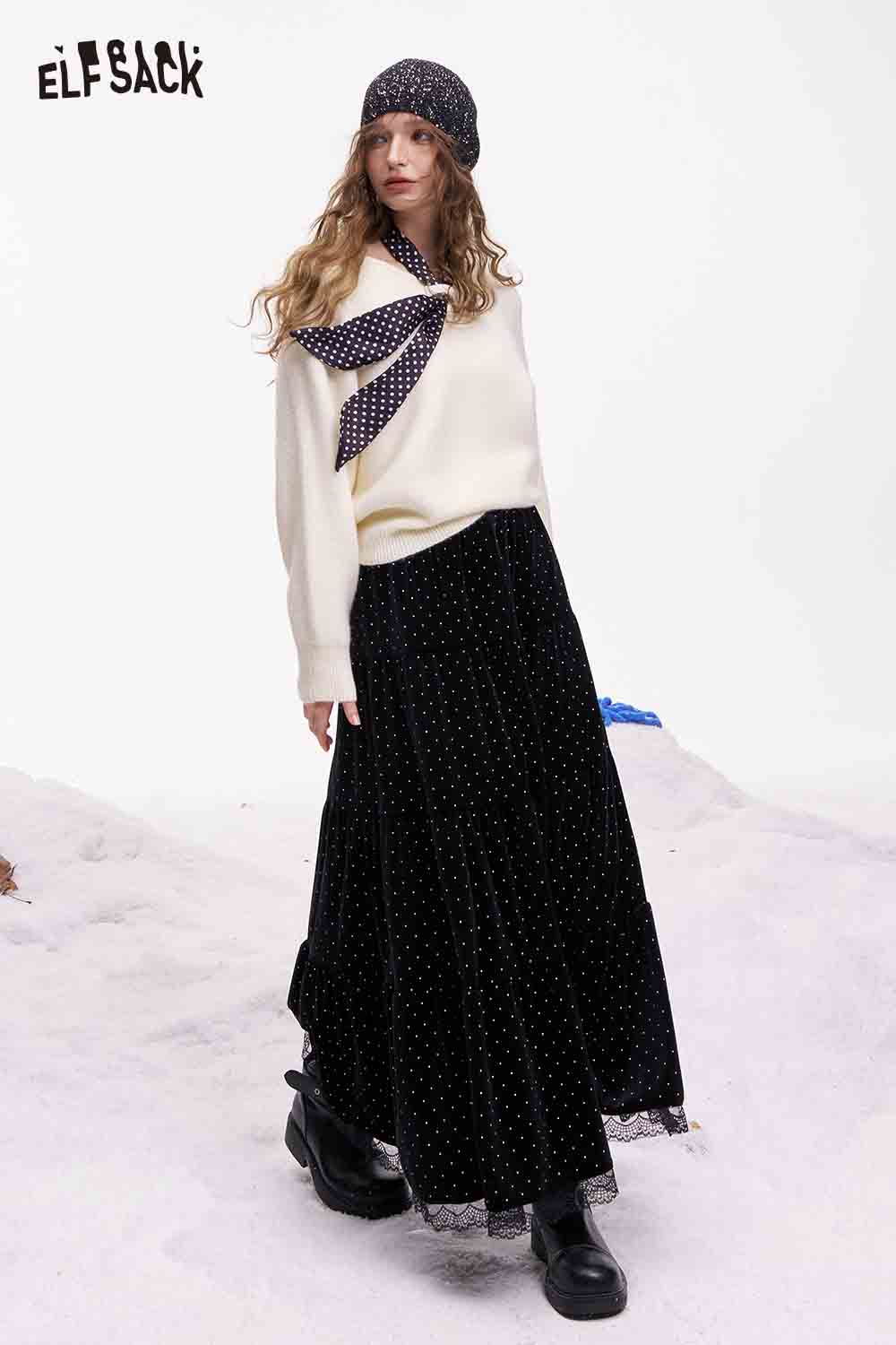 ELFSACK polka dot lace ruffle skirt styled with a cozy sweater and matching scarf for a chic look