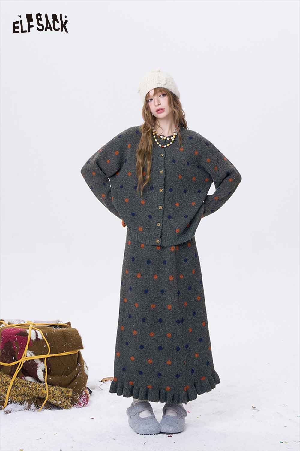 ELFSACK polka dot skirt set for women featuring soft fabric and a stylish cardigan