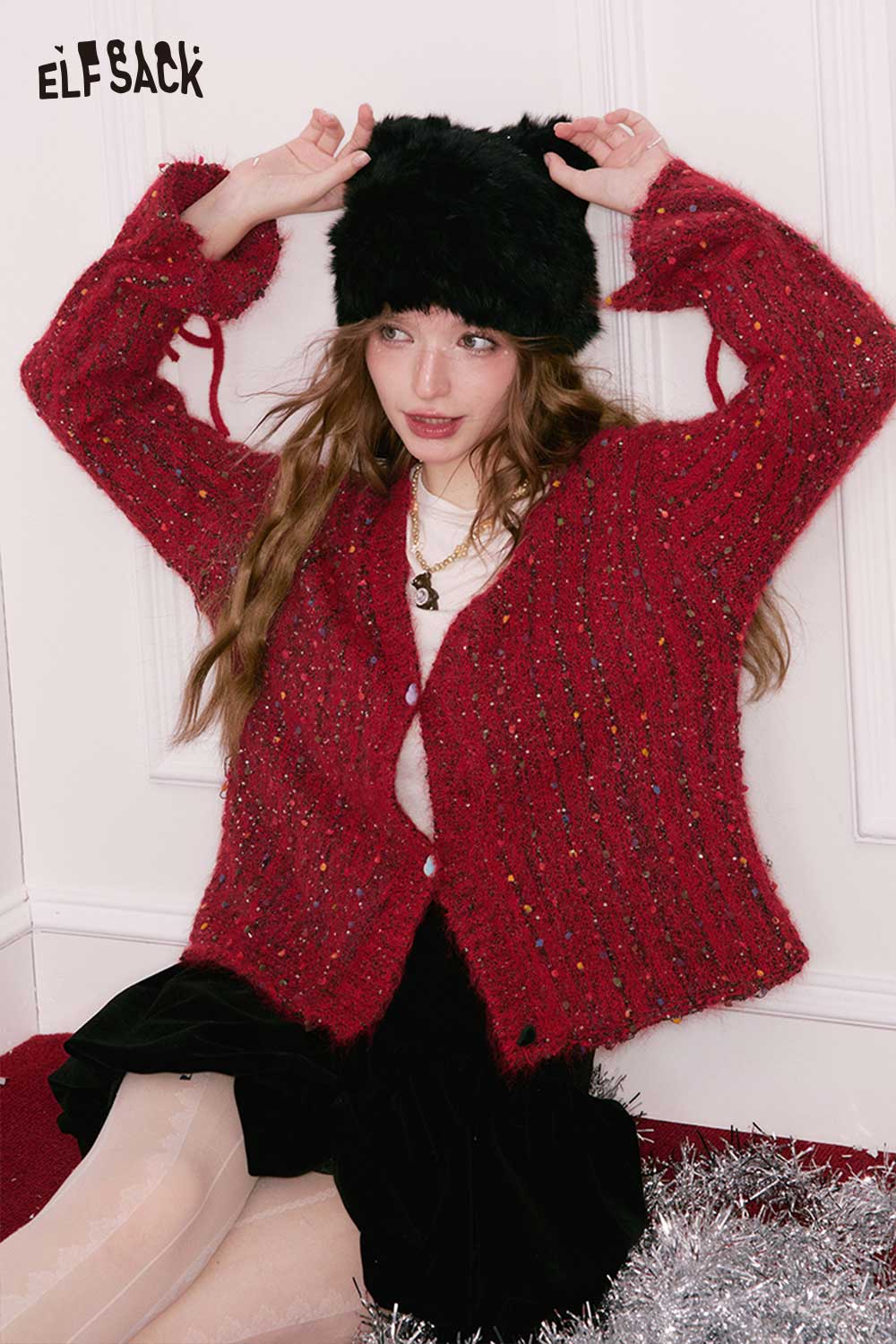 ELFSACK red polka dot v neck cardigan with stylish details for a cozy, chic look