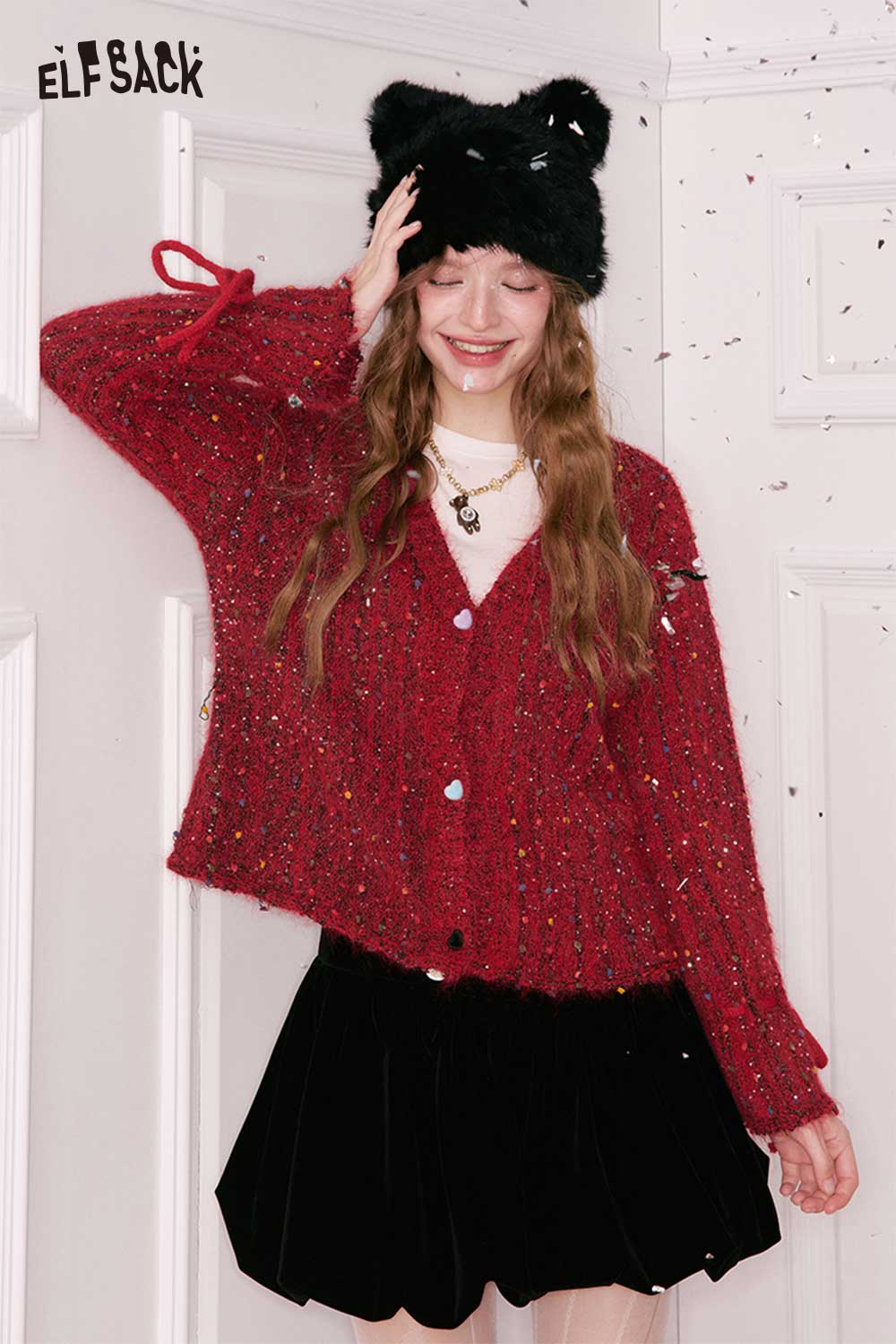 ELFSACK red polka dot v neck cardigan with button details for a cozy and stylish look