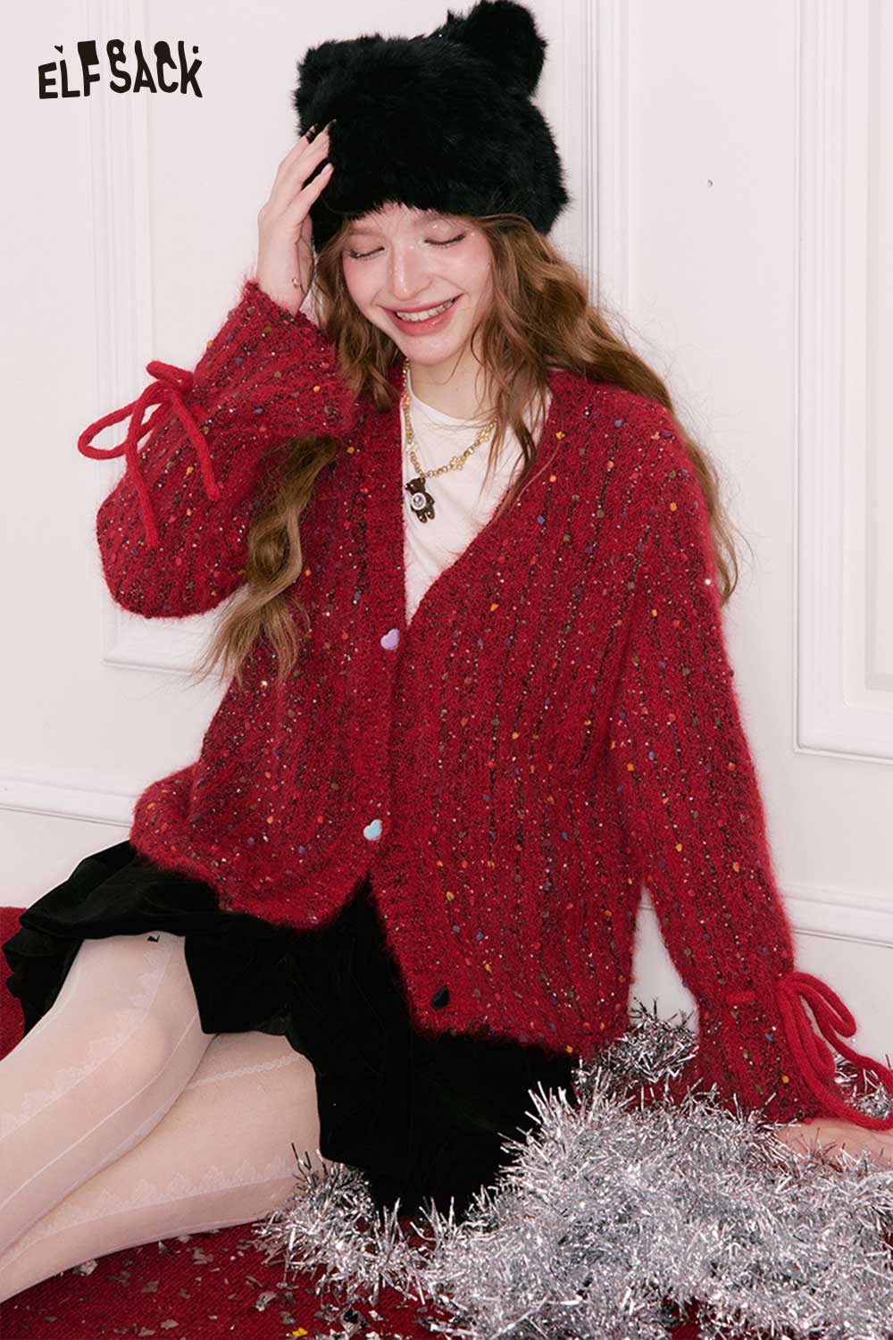 ELFSACK polka dot v neck cardigan in red with stylish ribbon sleeves for a cozy look