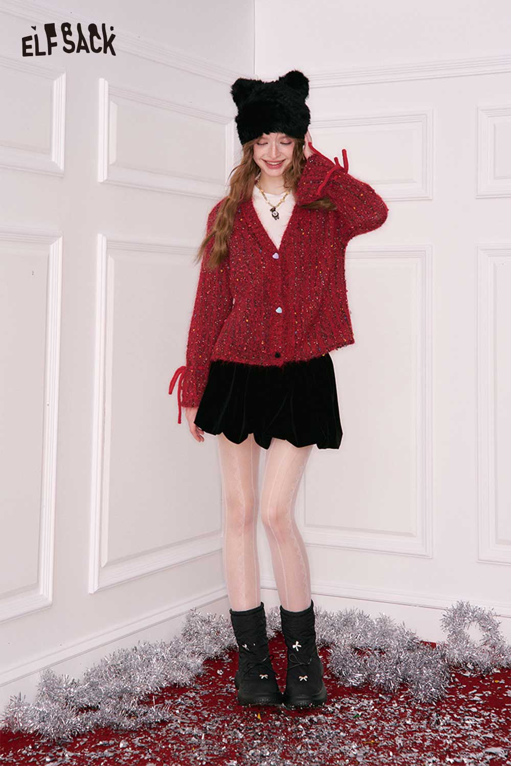 ELFSACK Red Polka Dot V Neck Cardigan for a Stylish and Cozy Look