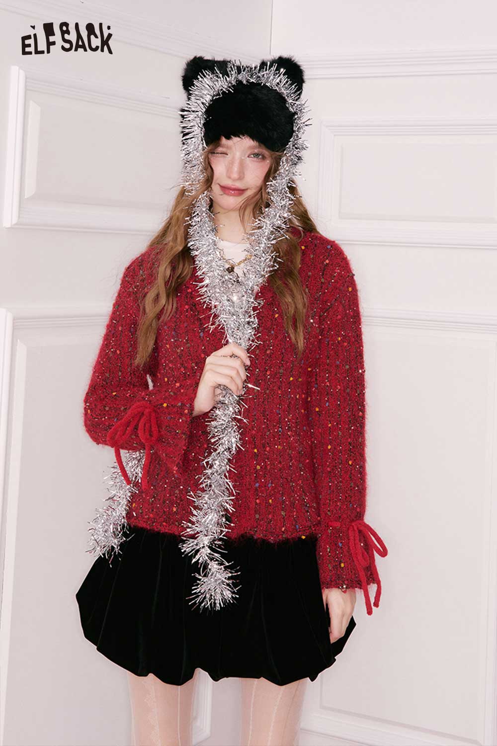 ELFSACK Red Polka Dot V Neck Cardigan with Fluffy Texture and Tinsel Accents