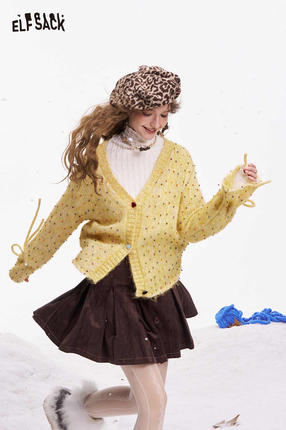 ELFSACK Polka Dot V Neck Cardigan in Yellow, perfect for cozy winter outfits