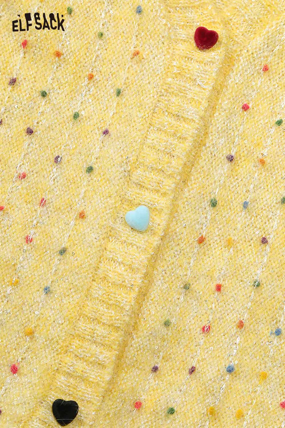 ELFSACK yellow polka dot v neck cardigan with colorful heart-shaped buttons for a playful look