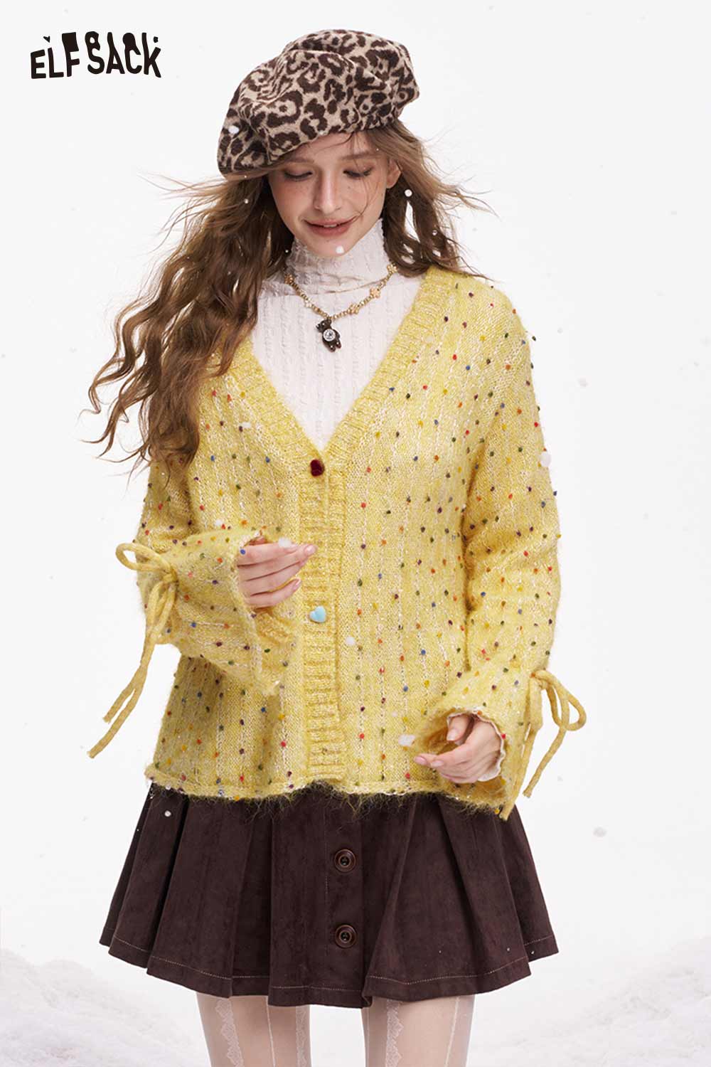 ELFSACK Yellow Polka Dot V Neck Cardigan with Tie Sleeves and Button Closure for a Stylish Look