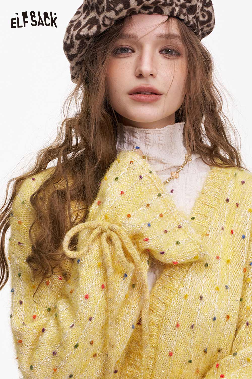 ELFSACK Yellow Polka Dot V Neck Cardigan with Ribbon Tie Detail for a Stylish Look