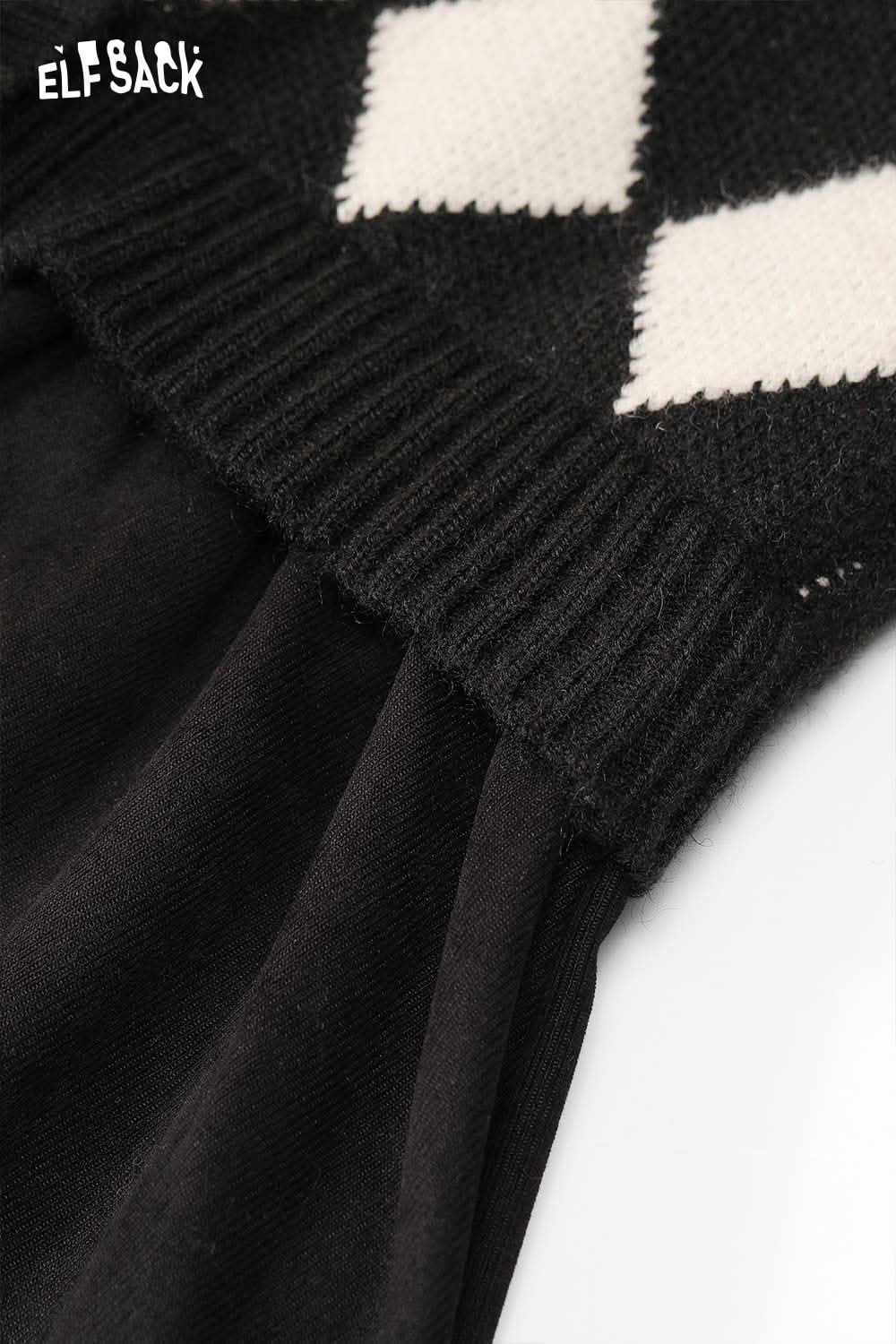 Close-up of the ELFSACK contrast plaid panel maxi dress showcasing the unique knit and fabric details