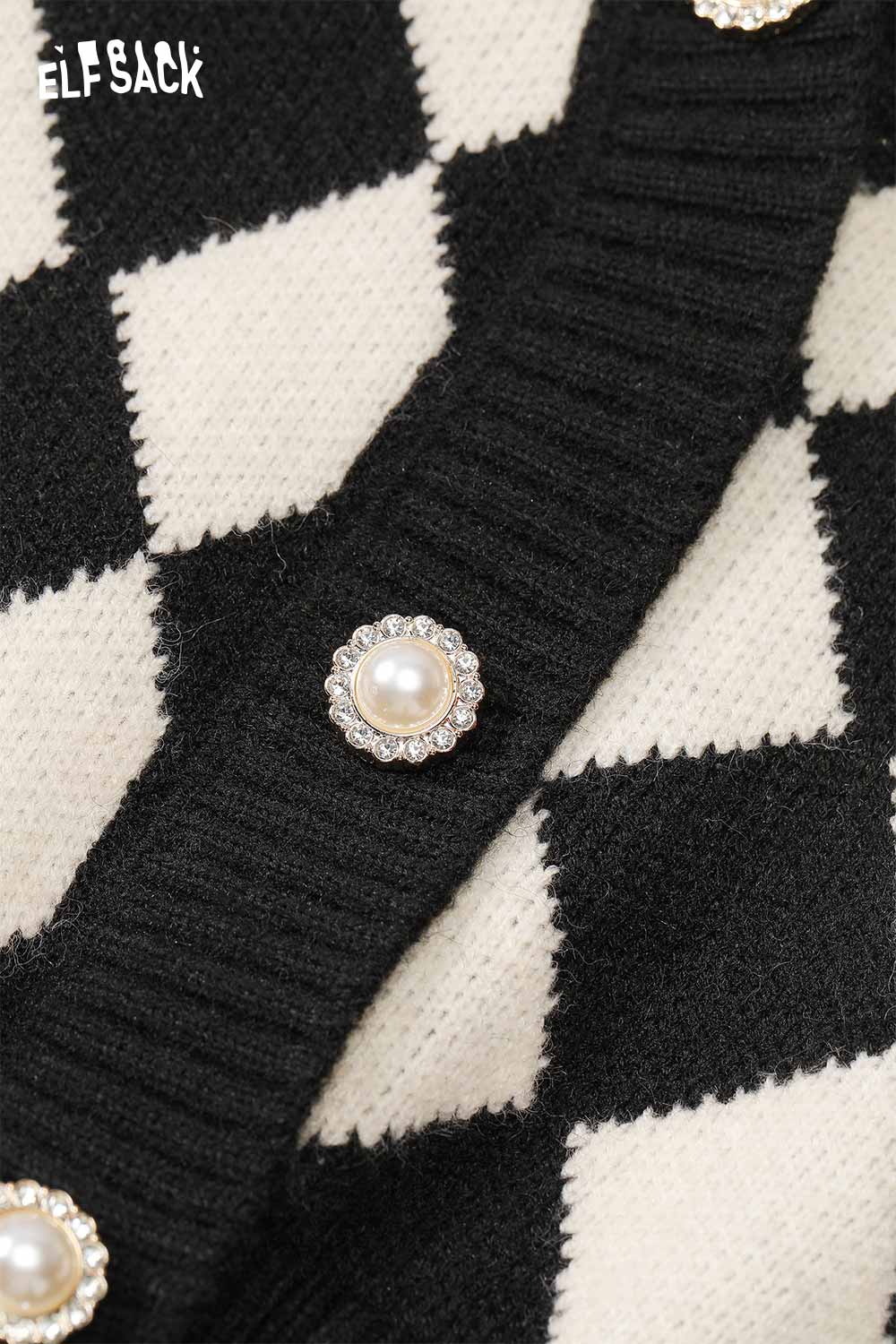 Close-up of contrast plaid panel maxi dress buttons featuring pearl embellishments for a chic look