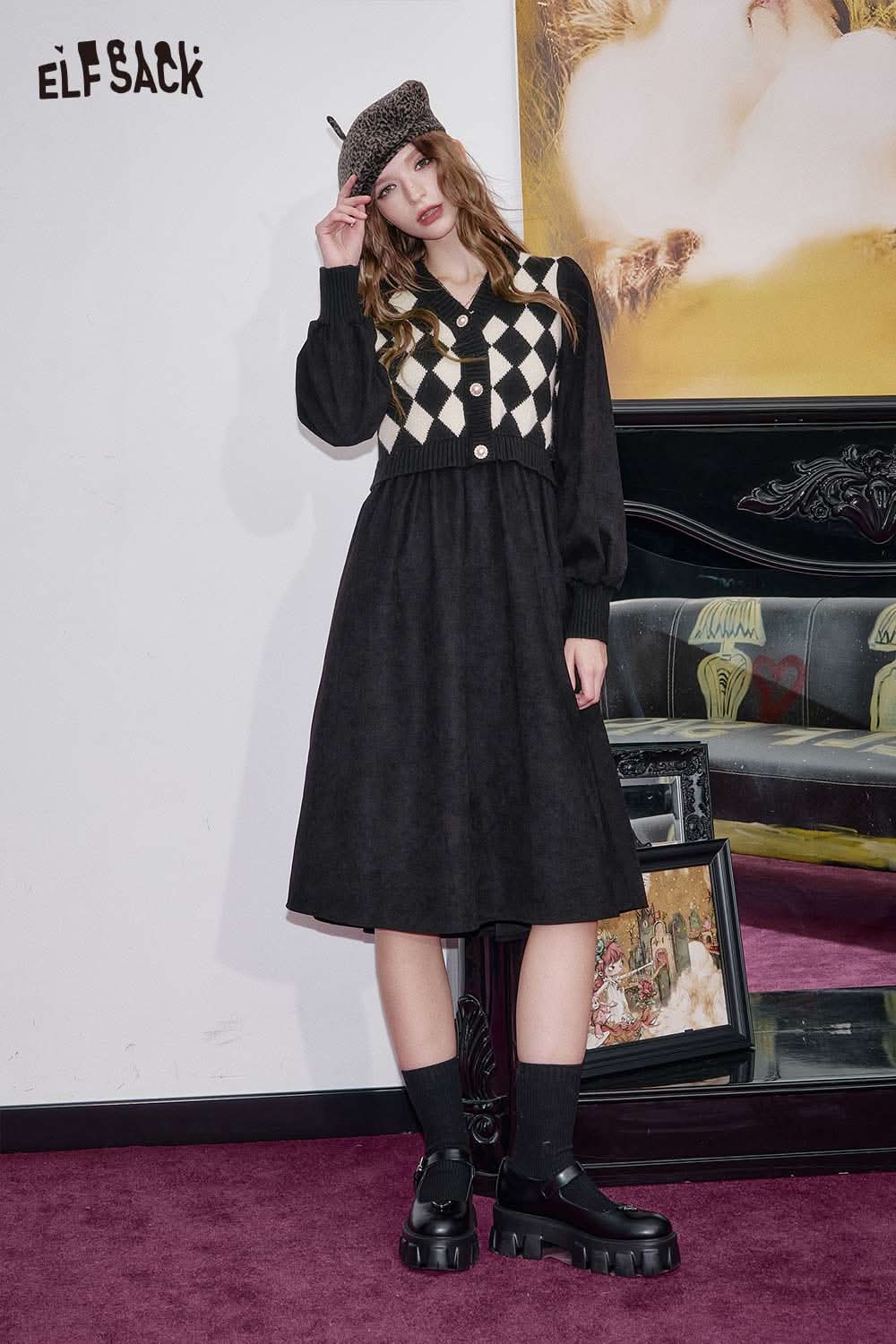 ELFSACK contrast plaid panel maxi dress with button details and puff sleeves for a chic look