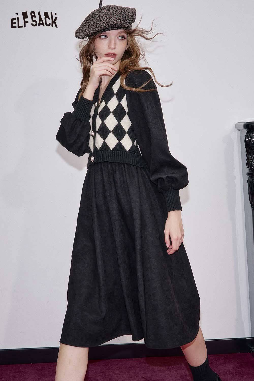 ELFSACK contrast plaid panel maxi dress with a stylish cardigan and unique pattern for a chic look