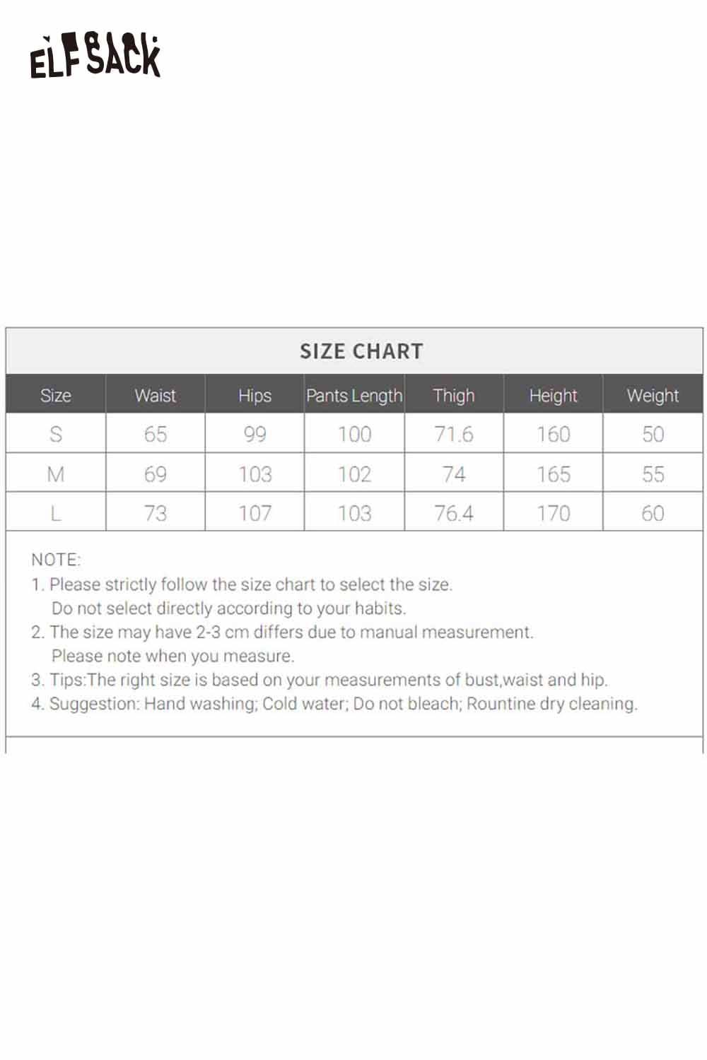 ELFSACK size chart for polyester crinkle sweatpants for women with measurements and care instructions