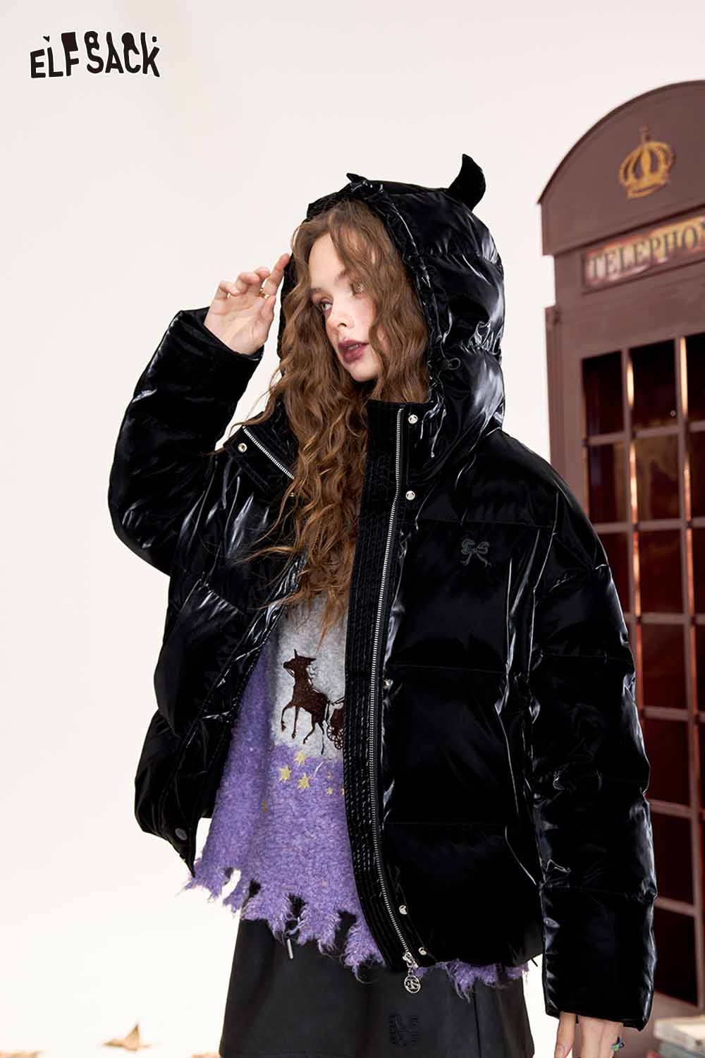 ELFSACK devil horn faux leather down jacket with stylish hood and shiny black finish