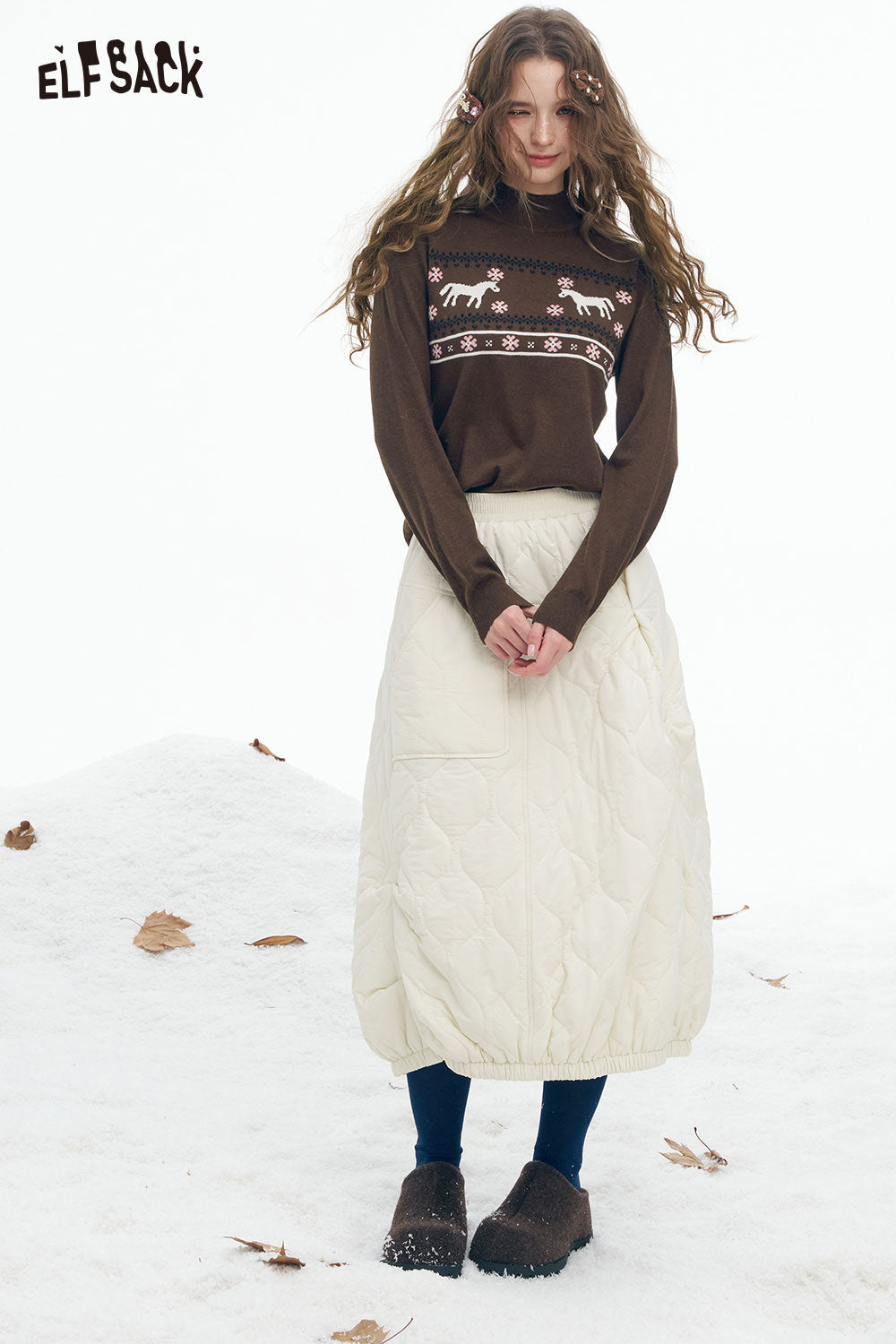 ELFSACK preppy animal graphic knitwear sweater featuring a brown base with a horse design