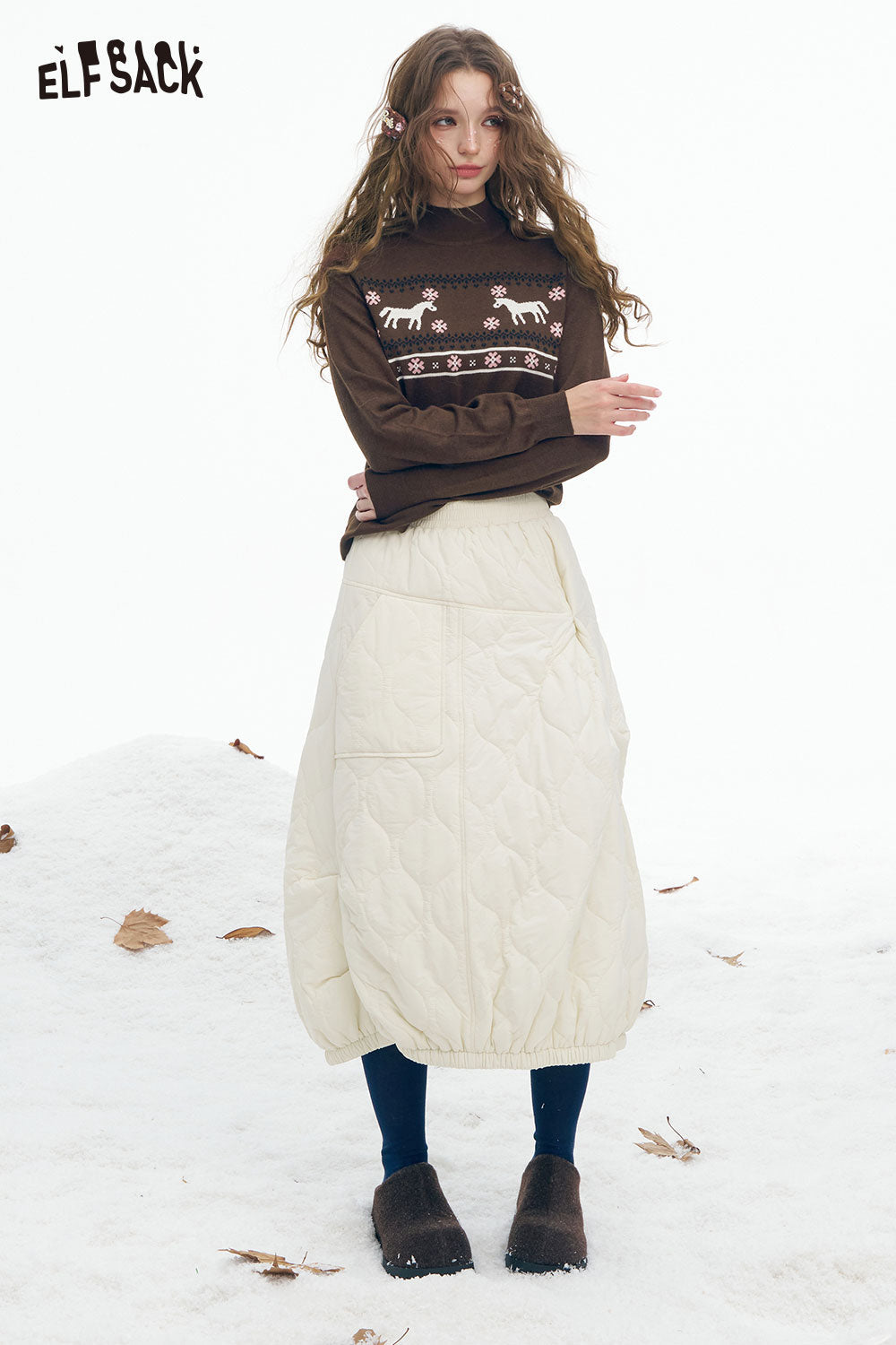 ELFSACK Preppy Animal Graphic Knitwear featuring a brown sweater with festive animal designs