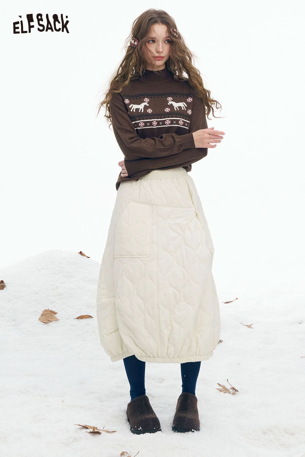ELFSACK Preppy Animal Graphic Knitwear featuring a brown sweater with festive animal designs