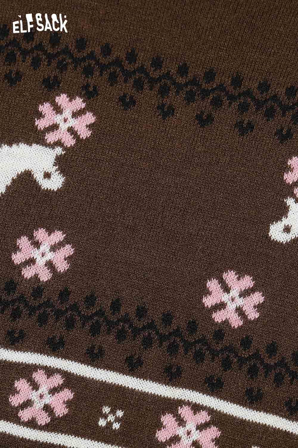 ELFSACK preppy animal graphic knitwear featuring brown fabric with floral and animal motifs