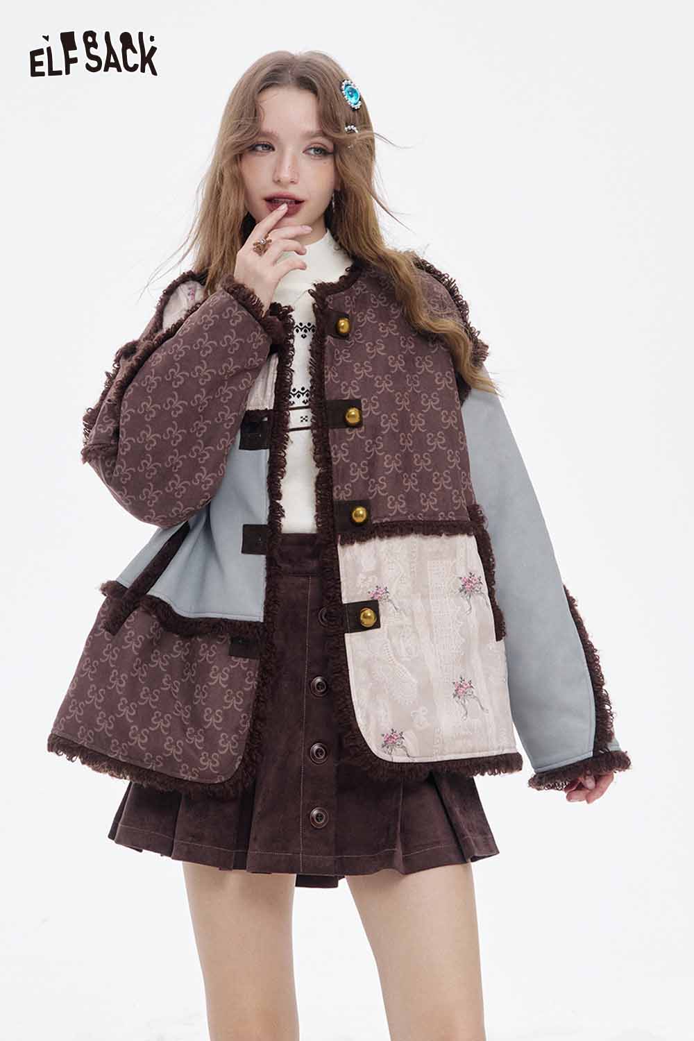 ELFSACK preppy animal graphic knitwear featuring unique patchwork design and button details