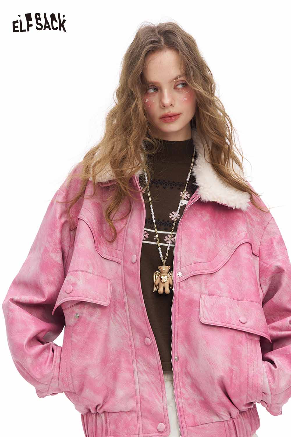 ELFSACK preppy animal graphic knitwear in brown with a pink oversized jacket for a trendy look