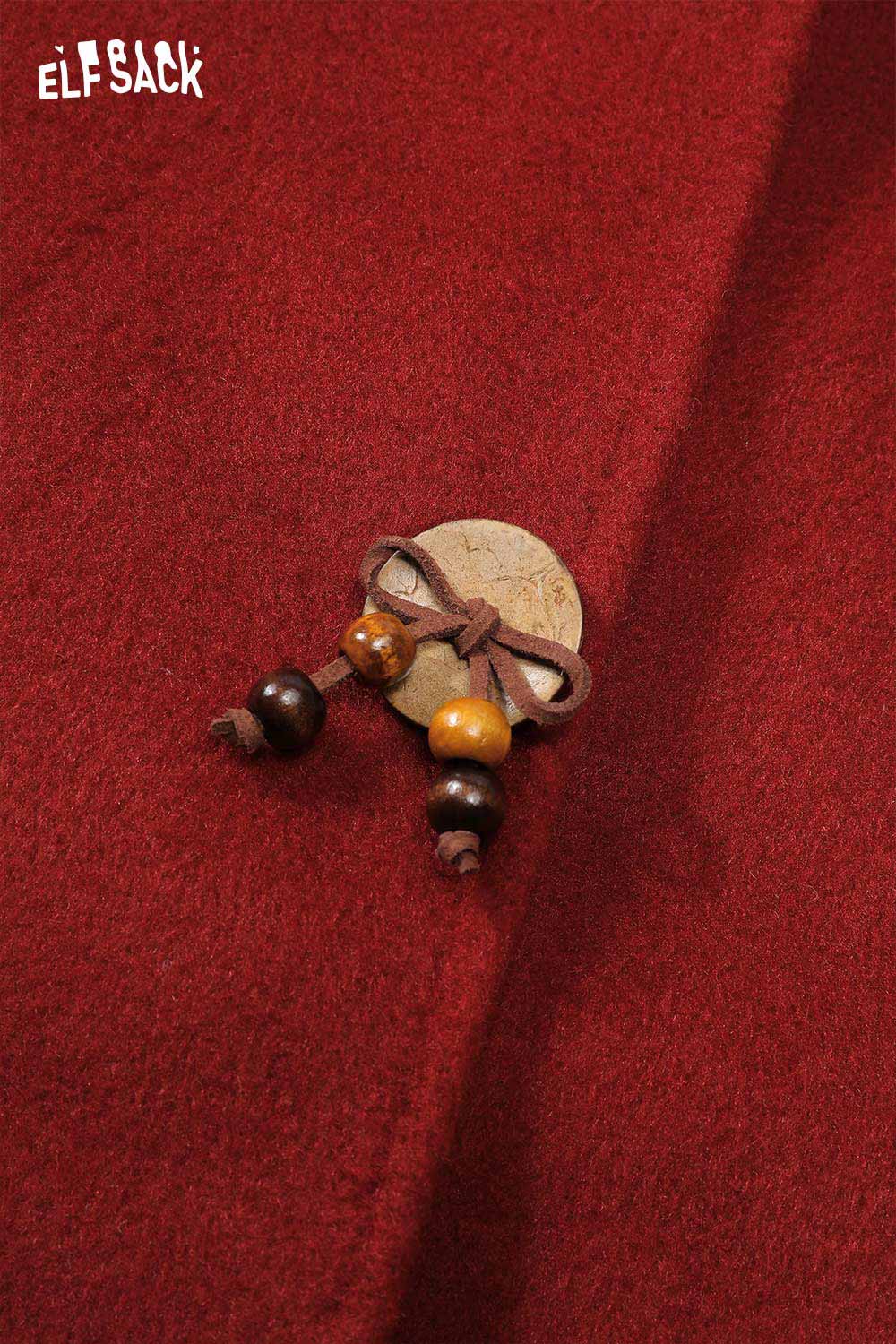 Detail of ELFSACK preppy bow plush coat for women featuring decorative buttons and textured fabric