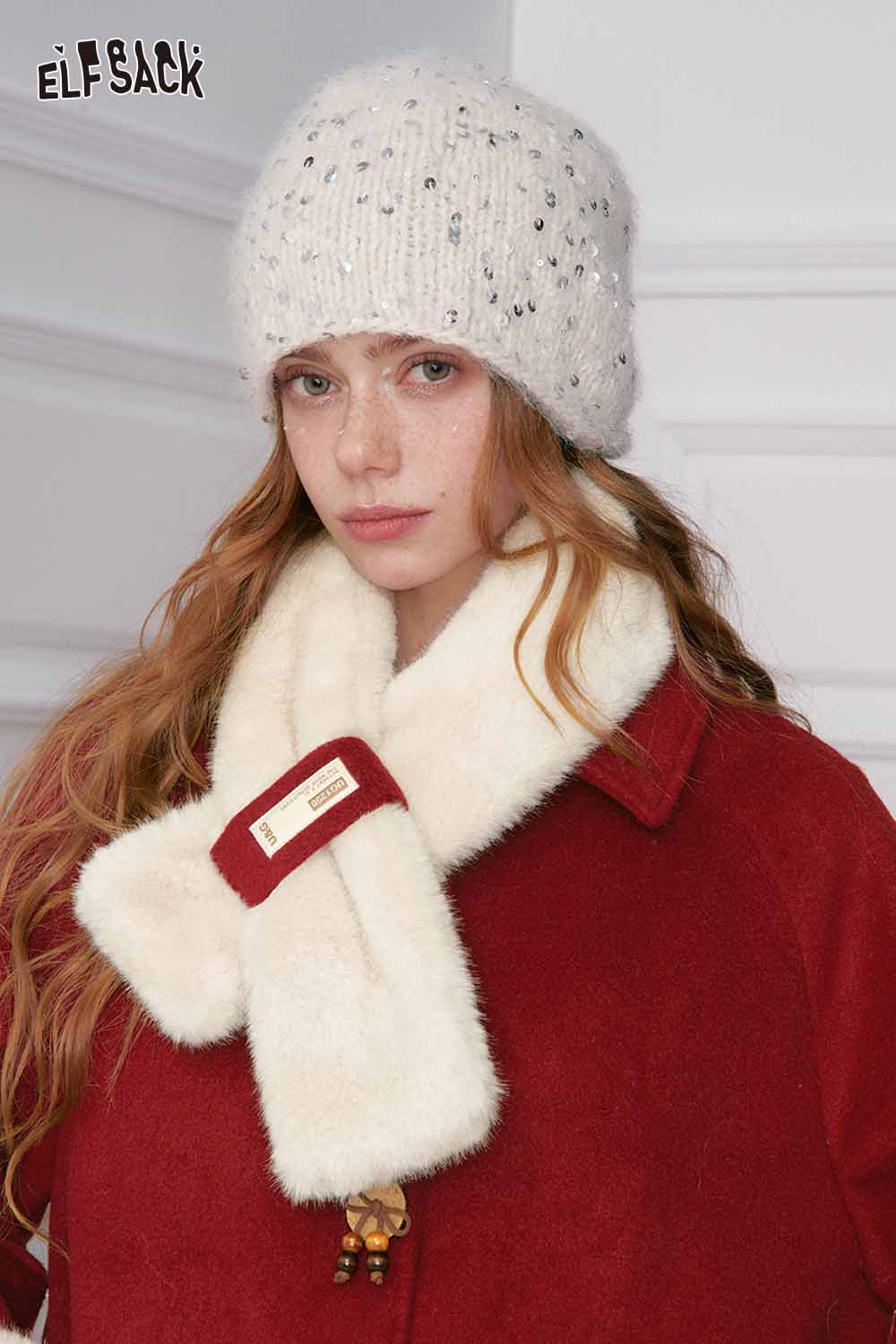ELFSACK preppy bow plush coat for women styled with a cozy hat and scarf for winter fashion