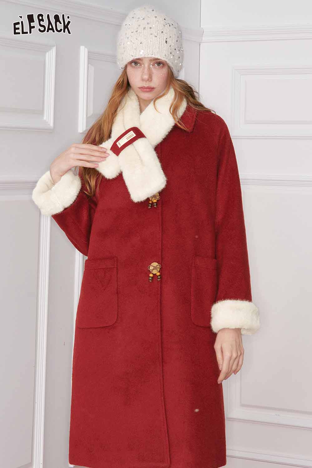 ELFSACK preppy bow plush coat for women in red with soft faux fur collar and pockets