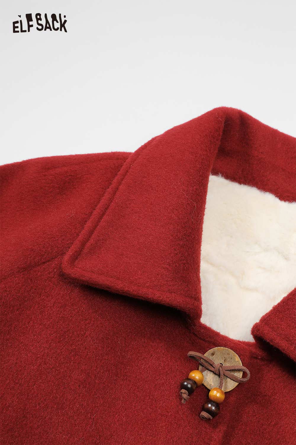 ELFSACK preppy bow plush coat for women in rich red with cozy collar detail