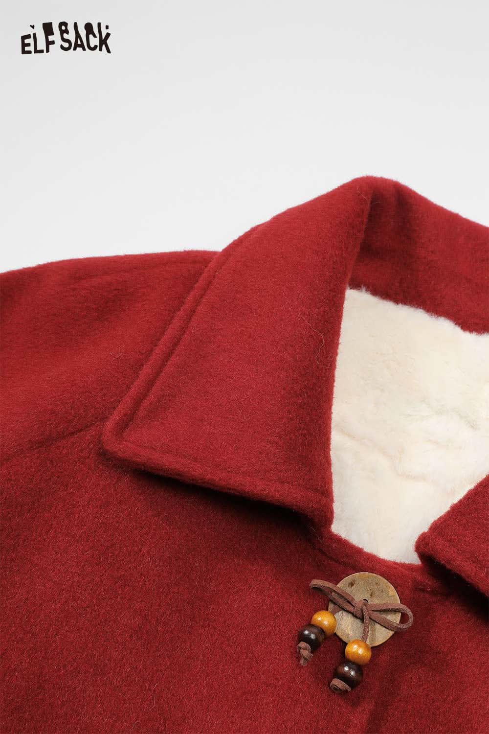 ELFSACK preppy bow plush coat for women in rich red with cozy collar detail