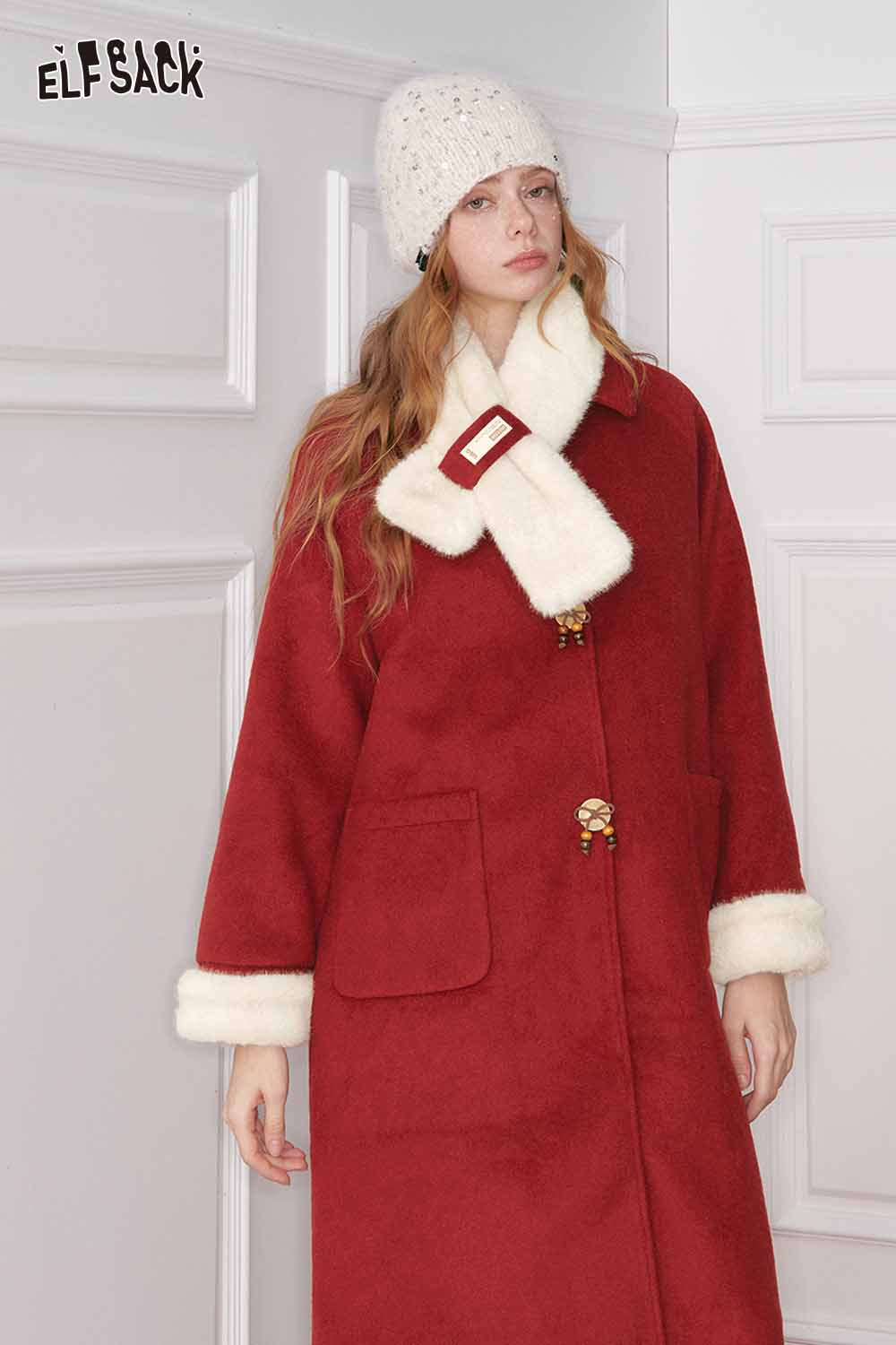 ELFSACK preppy bow plush coat for women in red with fur collar and pockets