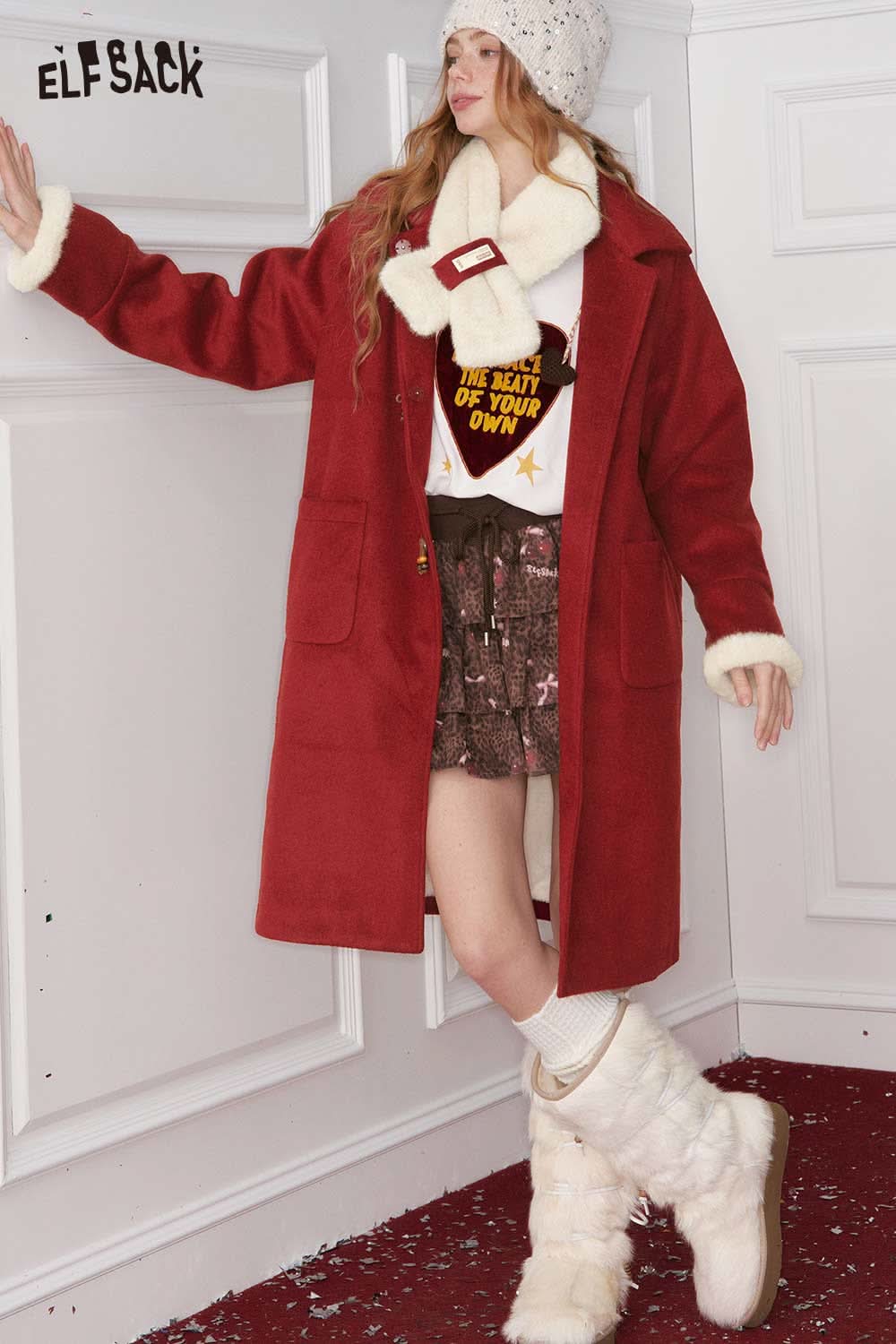 ELFSACK preppy bow plush coat for women in red with fur trim and pockets for cozy winter style