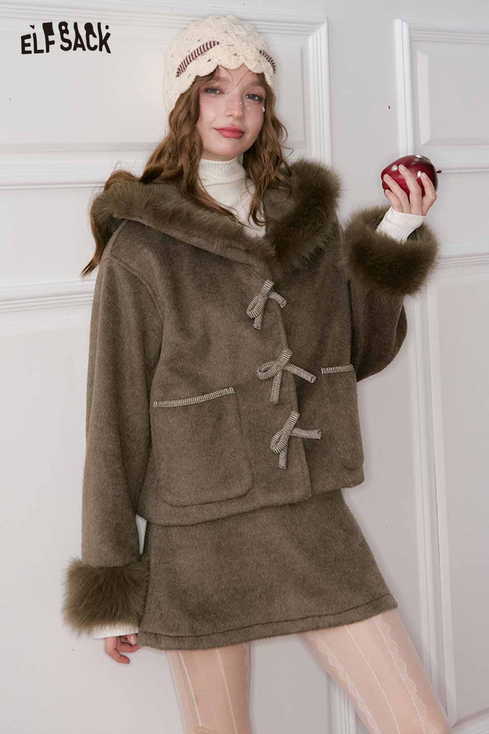 ELFSACK preppy bow plush jacket skirt set with hood and pockets, perfect for stylish winter outfits